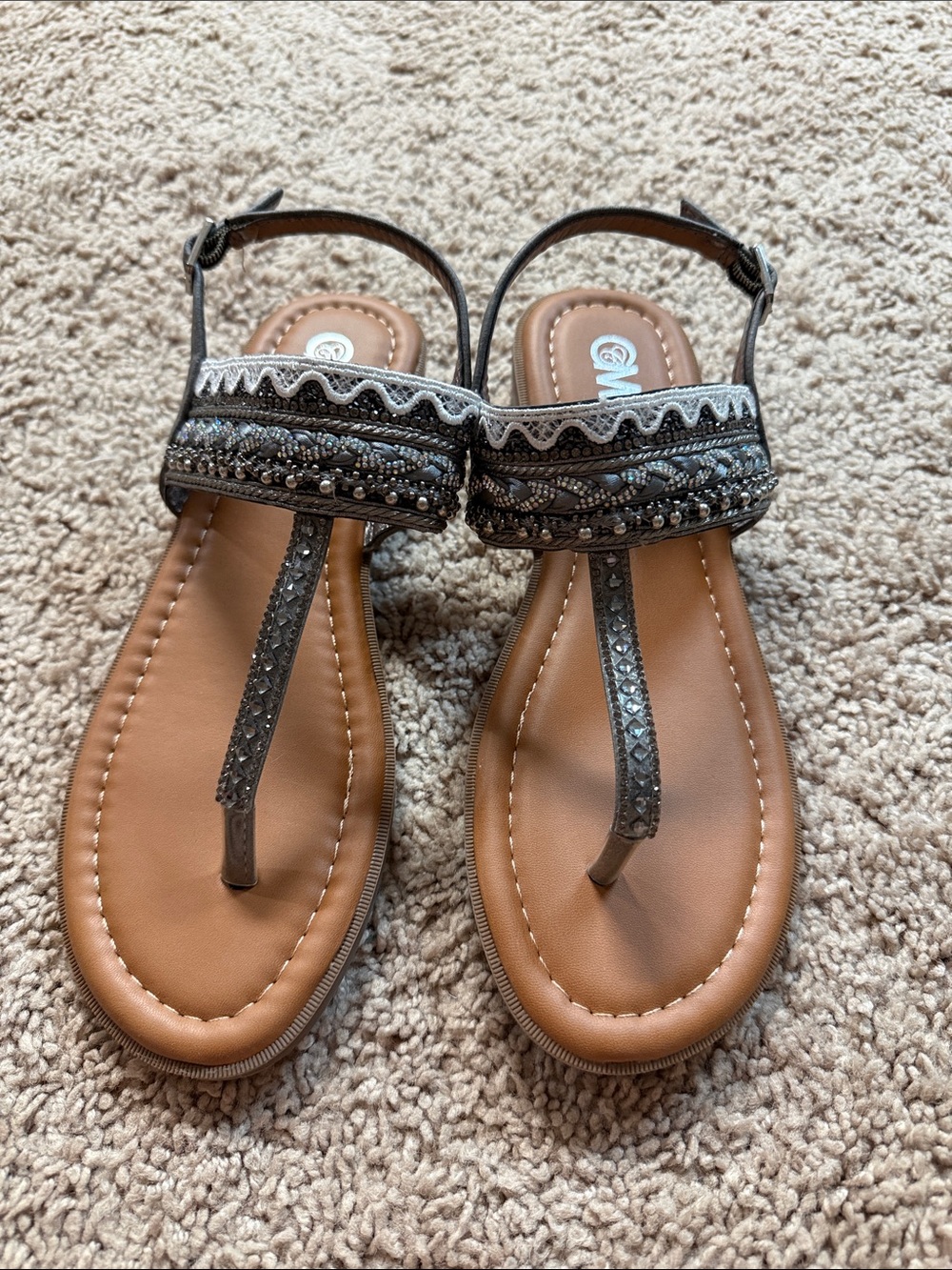 Embellished T-Strap Sandals in Brown and Gray